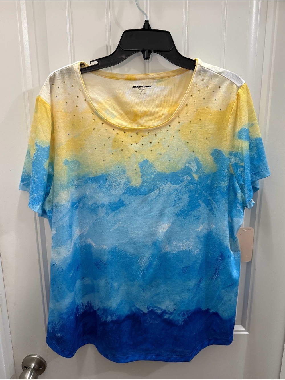 NWT Allison Daley Yellow to Blue Ombre Short Sleeve Tee embellishments 1x